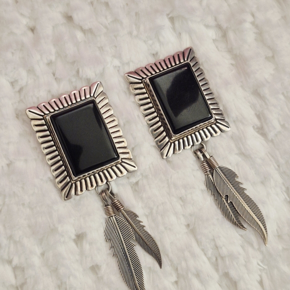 Vintage Sterling Silver Black Onyx Dangle Feather Earrings - Picture 3 of 9